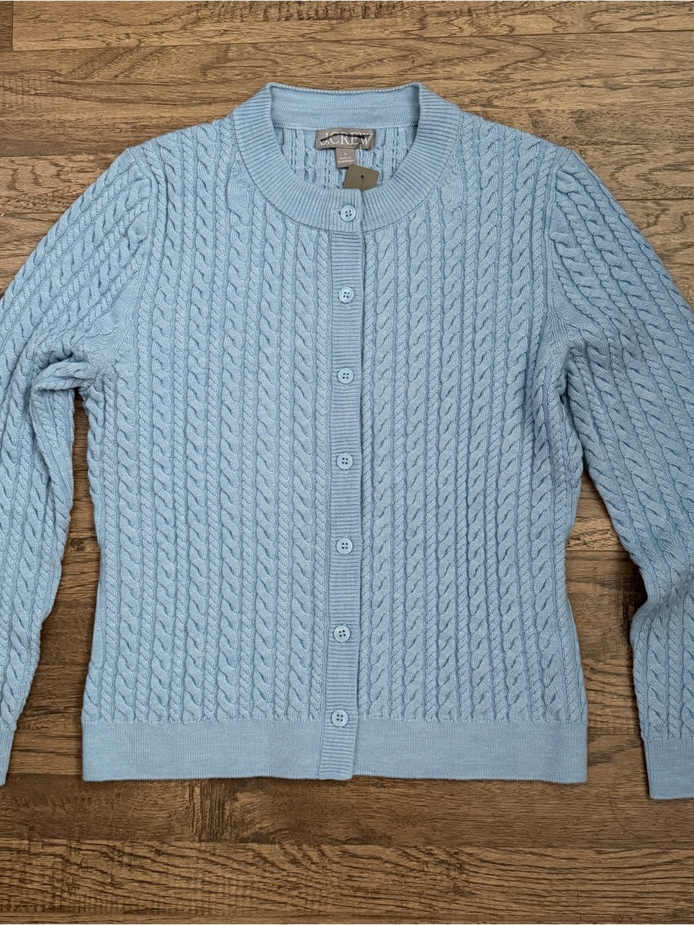 NWT$128 J. Crew Cable Knit Crewneck Cardigan, Merino Wool Hthr Stream blue S - Picture 4 of 7